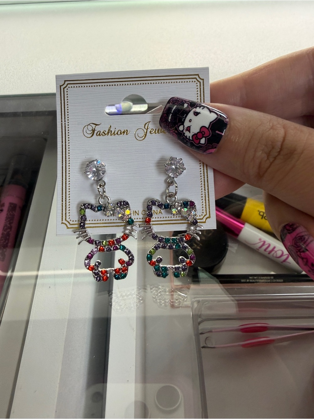 Fashion Jewelry Multicolor Crystal Cat Face Dangle Earrings
